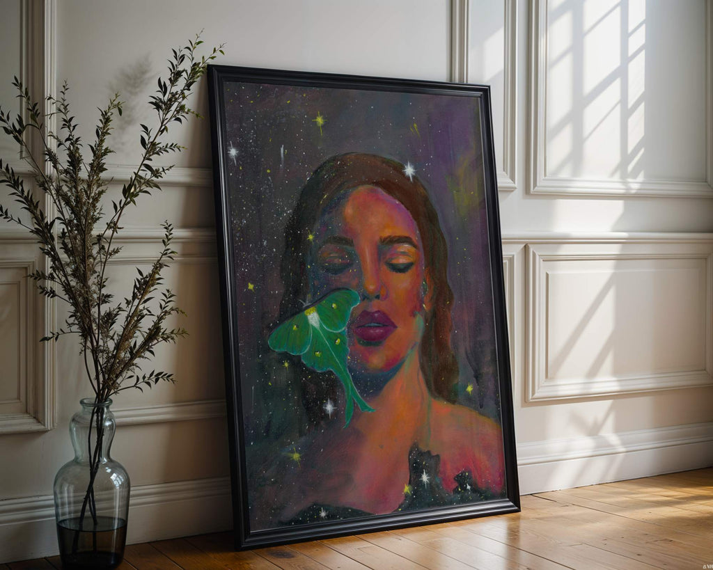 "The In-Between" Abstract realism art. Portrait painting with Luna moth. Canvas print of original painting by Chelsea Nielsen