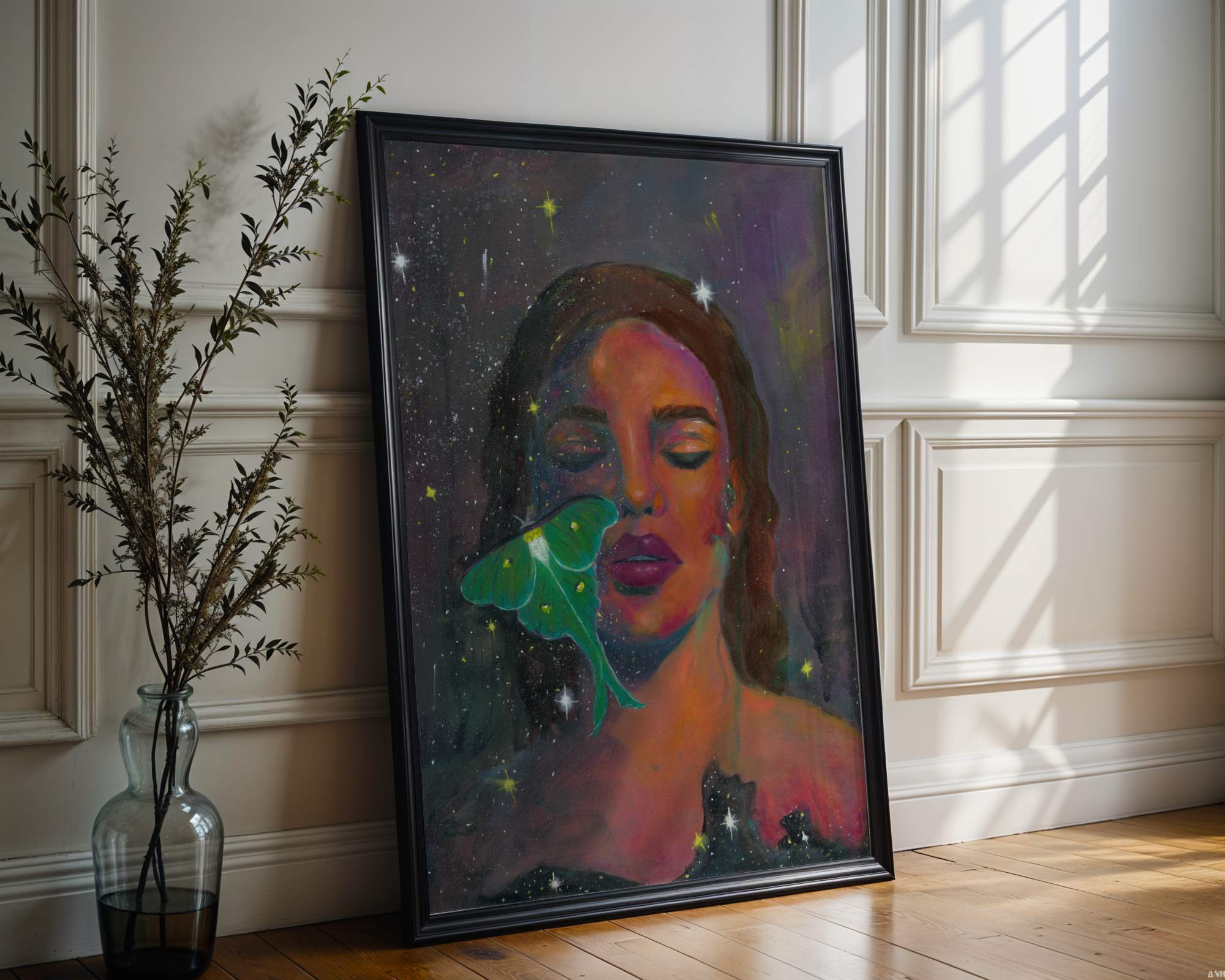"The In-Between" Abstract realism art. Portrait painting with Luna moth. Canvas print of original painting by Chelsea Nielsen