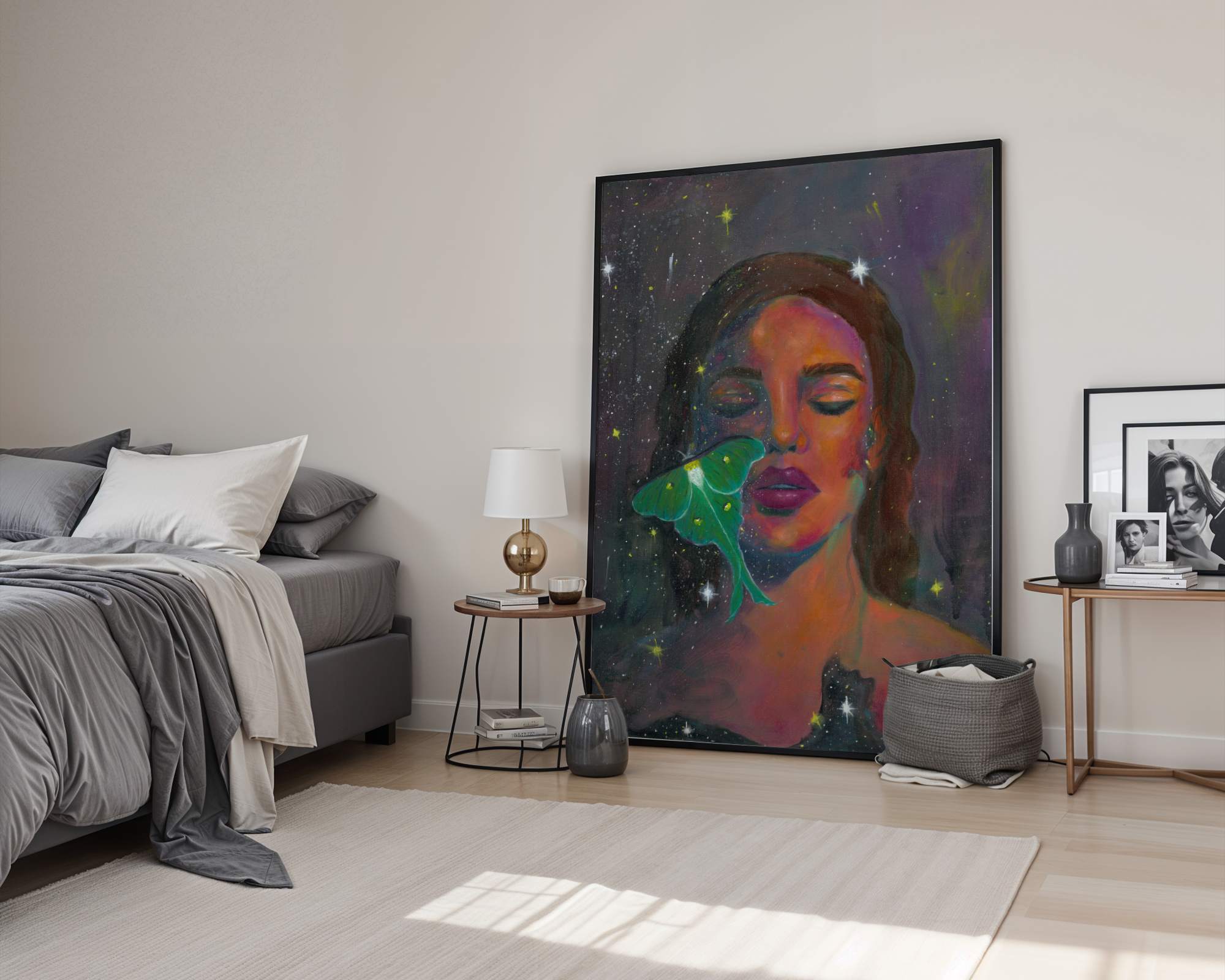 "The In-Between" Abstract realism art. Portrait painting with Luna moth. Print of original painting by Chelsea Nielsen