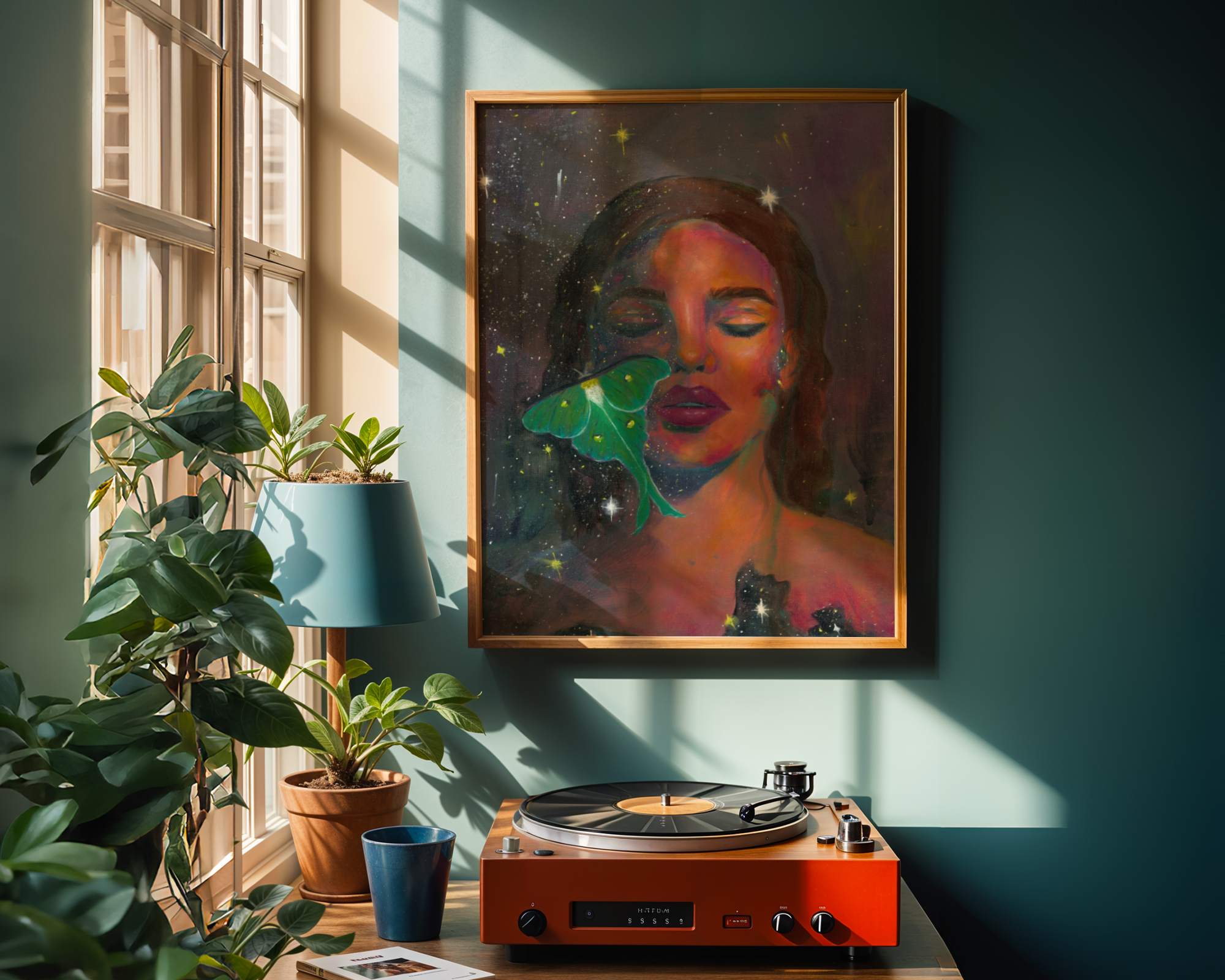 "The In-Between" Abstract realism art. Portrait painting with Luna moth. Print of original painting by Chelsea Nielsen