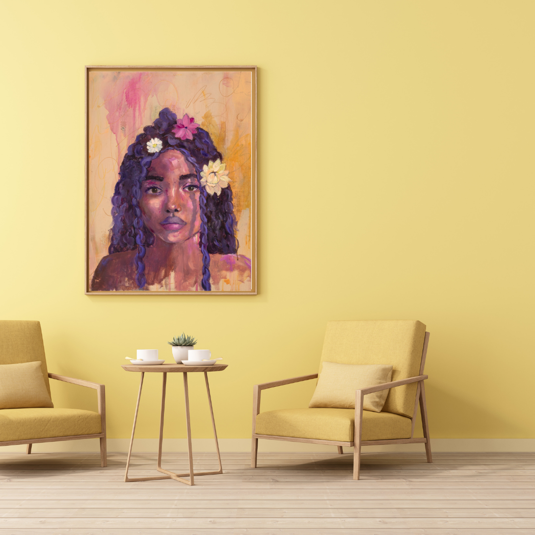 An abstract realism portrait painting of a girl with flowers in her hair by Chelsea Nielsen