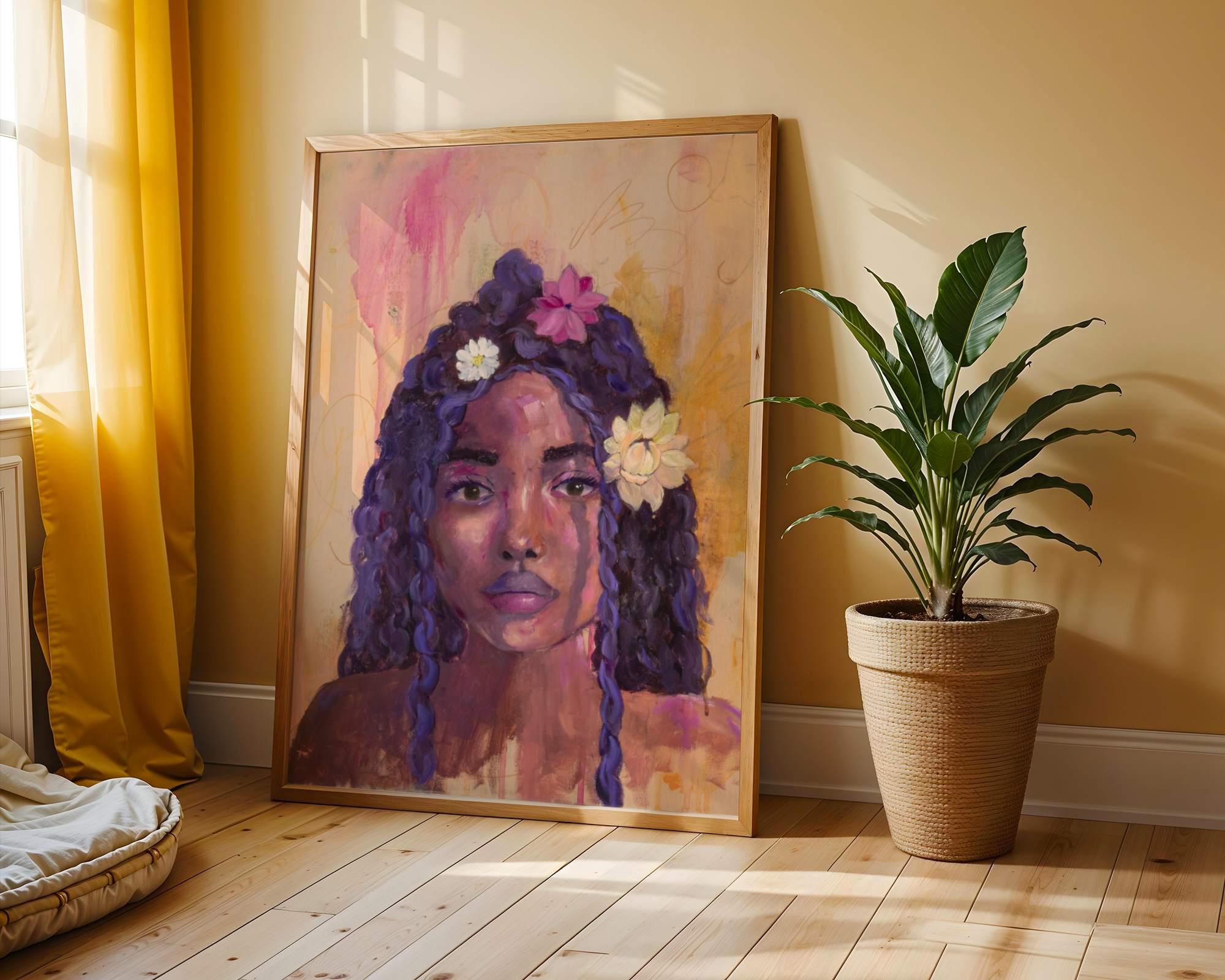 "Bloom" An abstract realism portrait painting of a girl with flowers in her hair by Chelsea Nielsen