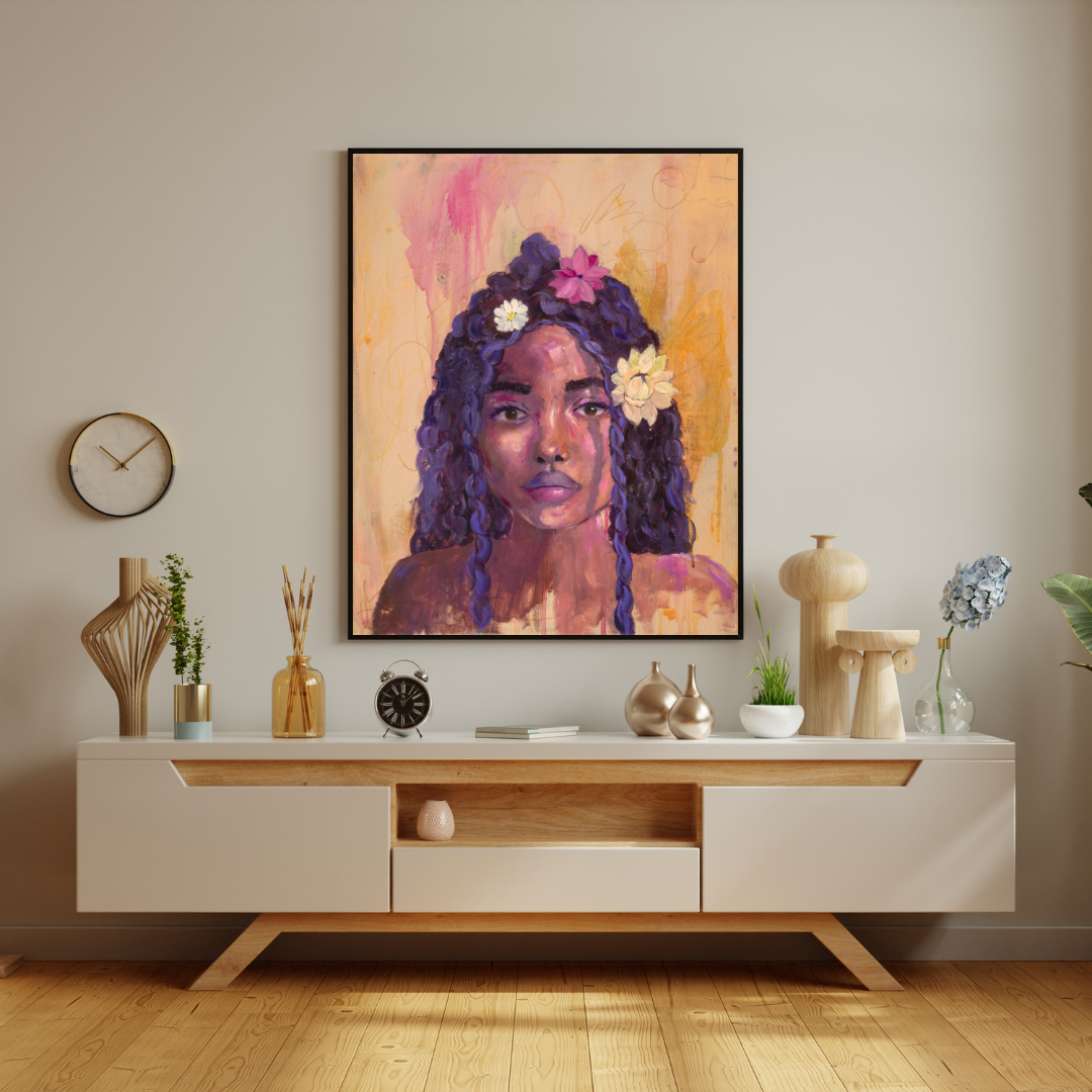 "Bloom" An abstract realism portrait painting of a girl with flowers in her hair by Chelsea Nielsen