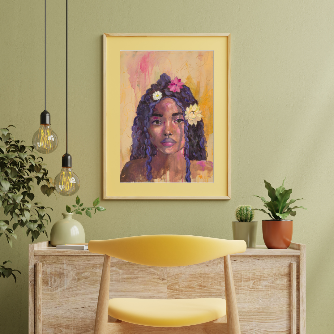 "Bloom" An abstract realism portrait painting of a girl with flowers in her hair by Chelsea Nielsen