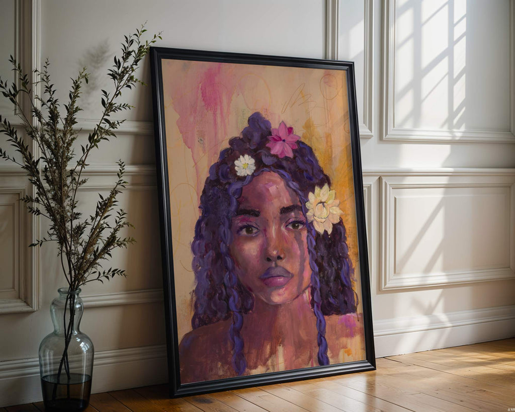 "Bloom" An abstract realism portrait painting of a girl with flowers in her hair by Chelsea Nielsen