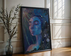 A blue celestial abstract realism portrait painting by Chelsea Nielsen