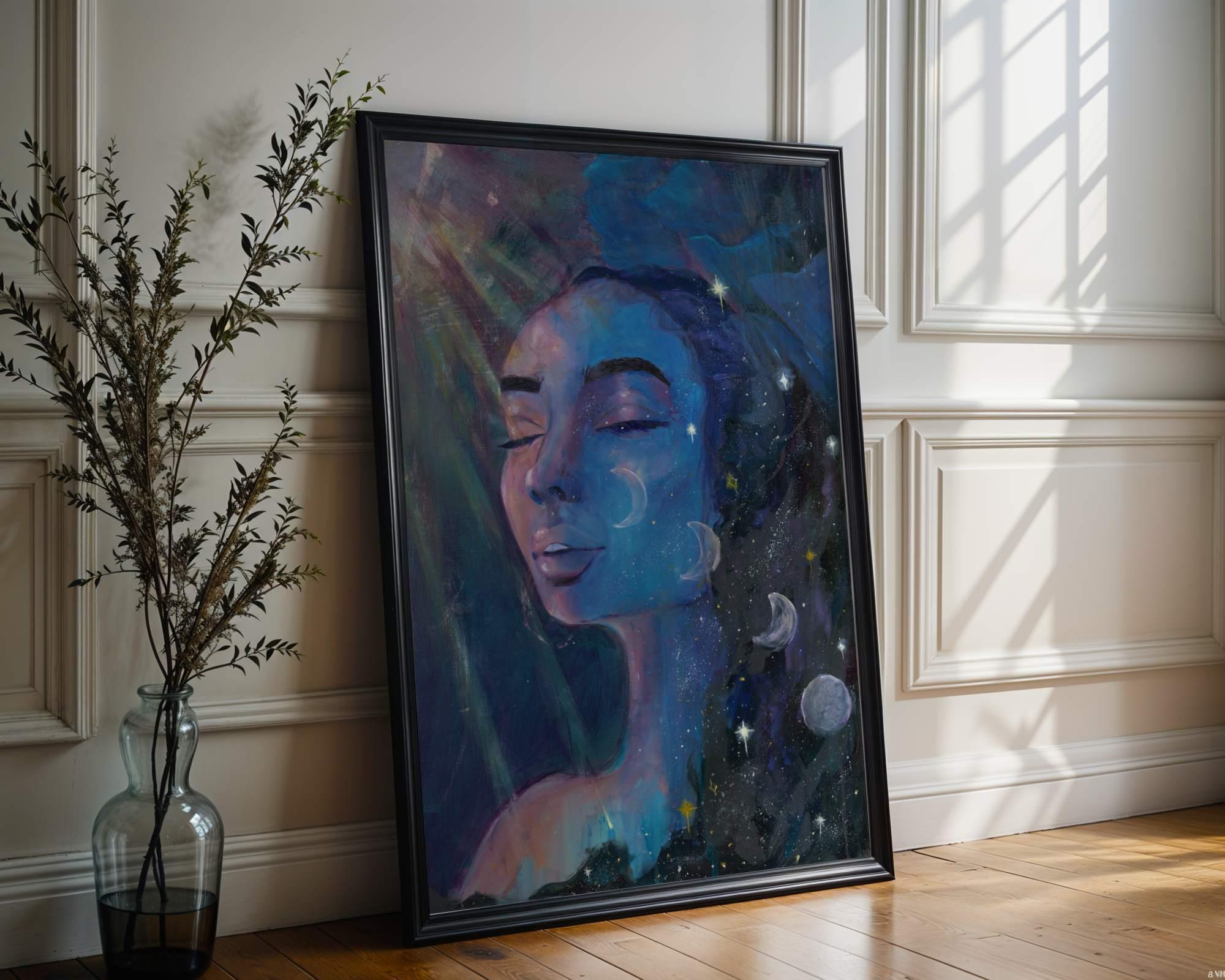 A blue celestial abstract realism portrait painting by Chelsea Nielsen