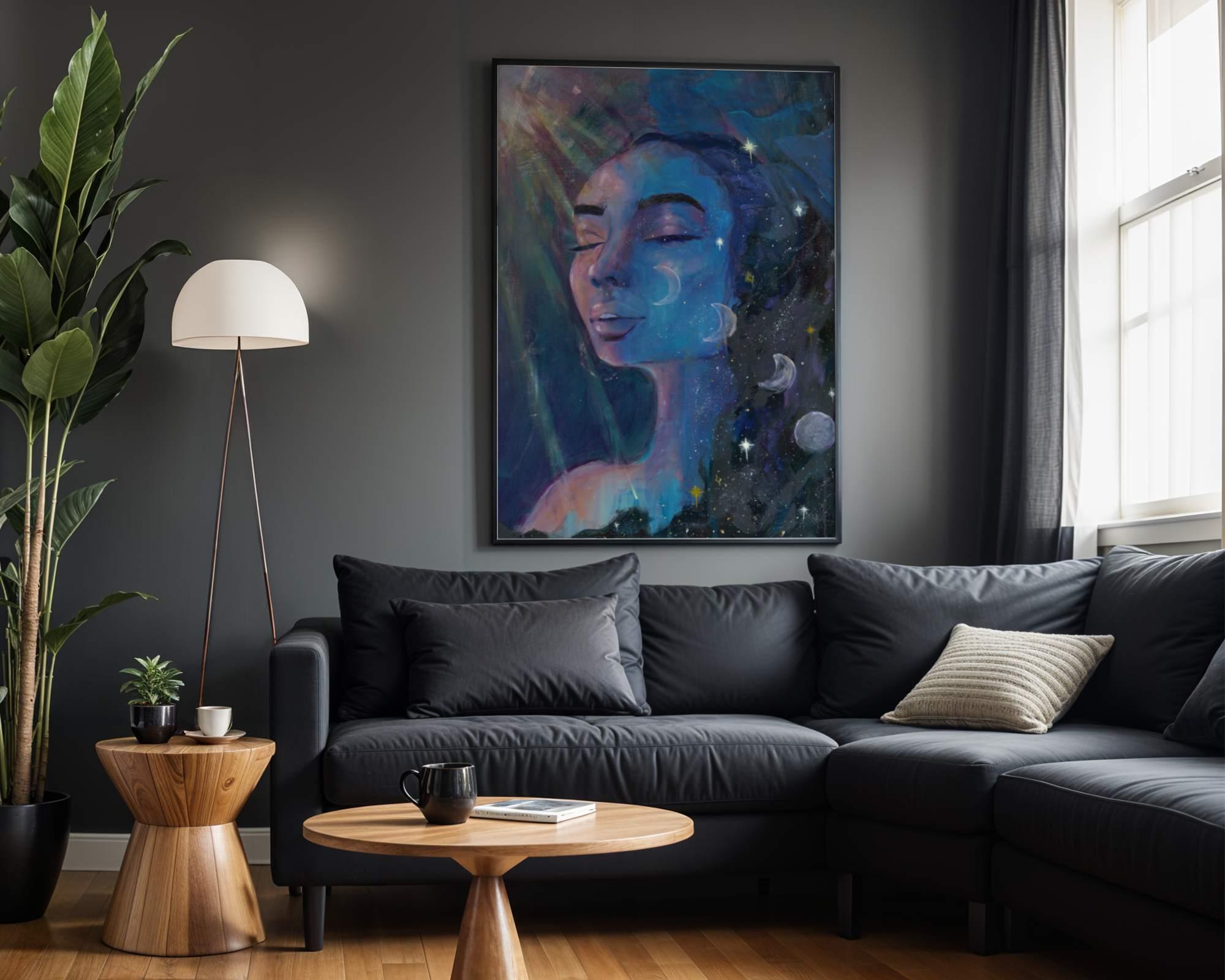 A blue celestial abstract realism portrait painting by Chelsea Nielsen