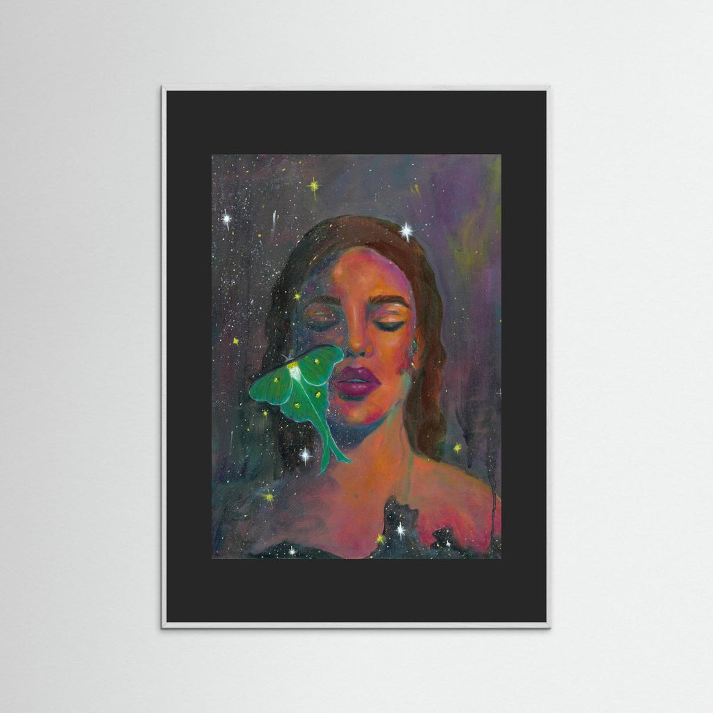 The In-Between, Abstract Realism portrait painting with luna moth - Paper Print